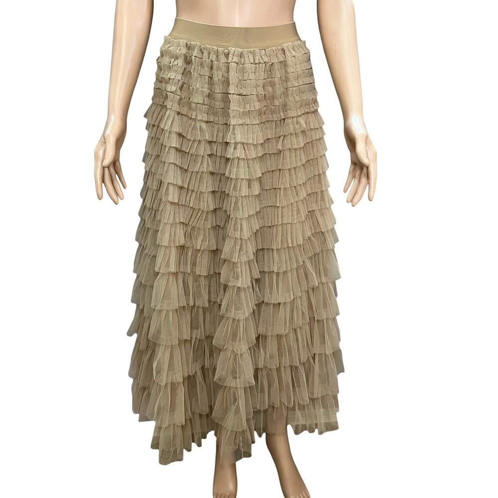 Womens Tiered Tulle Maxi Skirt Small Brown A-line Coquette Party Fairy Ankle